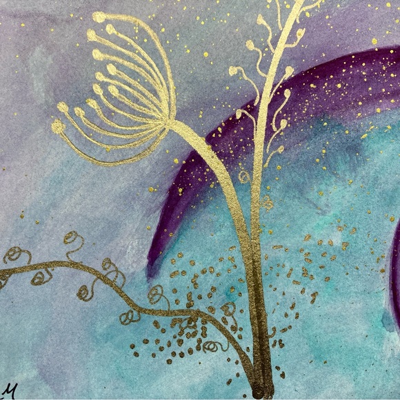 Abstract Original Watercolor Gold Leaf Floral Green & Purple Painting, 9x12 - Picture 6 of 12